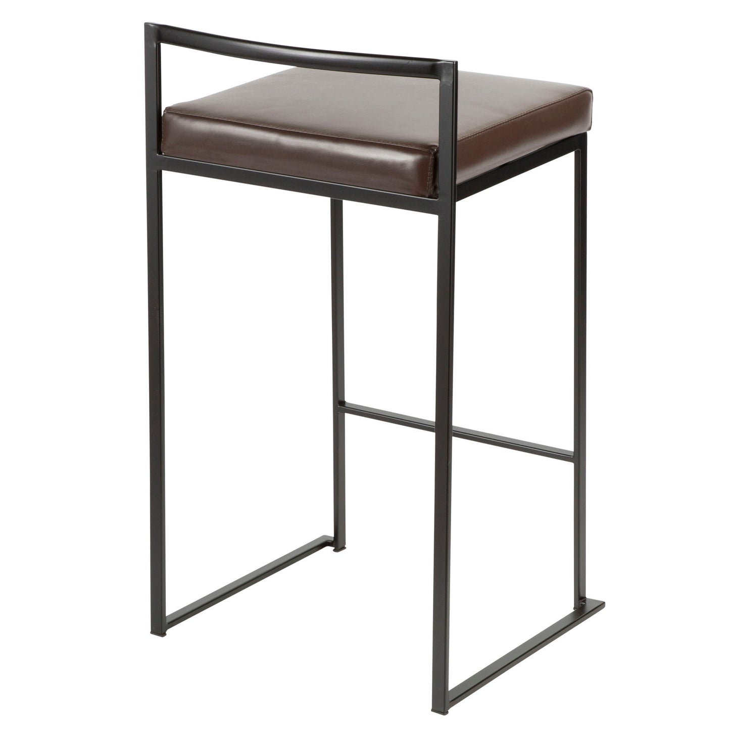 The Fuji - Contemporary Style Stackable Counter Stool features a black metal frame, rectangular dark brown cushioned seat, minimalist design, and low open backrest for a sleek modern look.