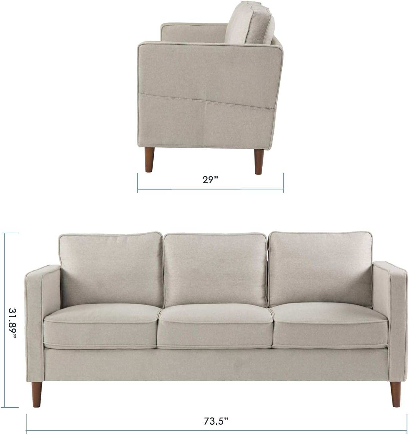 The Mellow Modern Loveseat with Armrest Pockets is a light beige three-seater sofa, shown from the front and side, measuring 73.5" wide, 29" deep, and 31.89" high, with wooden legs and three seat cushions.