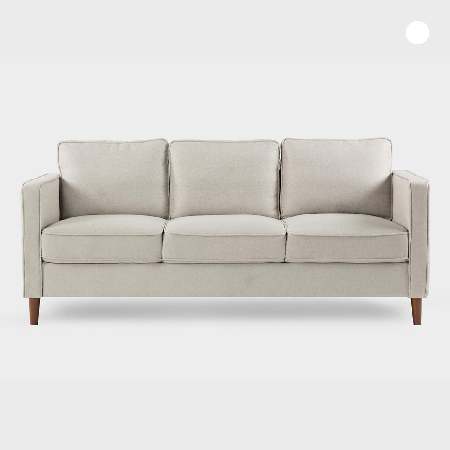 The Mellow Modern Loveseat with Armrest Pockets is a light gray, three-seat sofa featuring straight arms, three back cushions, and wooden legs, displayed against a plain white background.