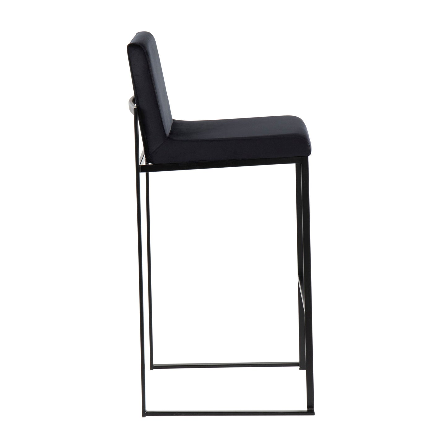 The Fuji Contemporary High Back Barstool features an elegant black cushioned seat and backrest with a sleek black metal frame, shown from a side profile view against a white background.