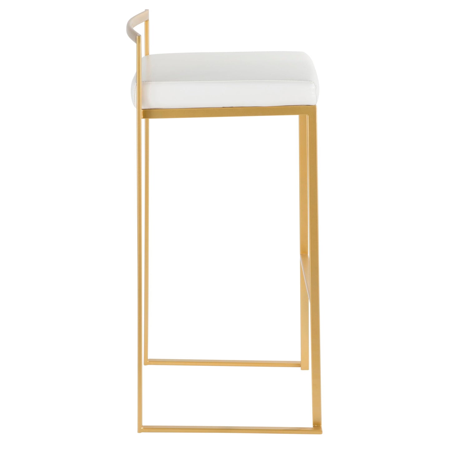 The Fuji Barstool features a gold metal frame and white cushioned seat, showcasing a contemporary, glam design with quality construction and minimalist geometric style.