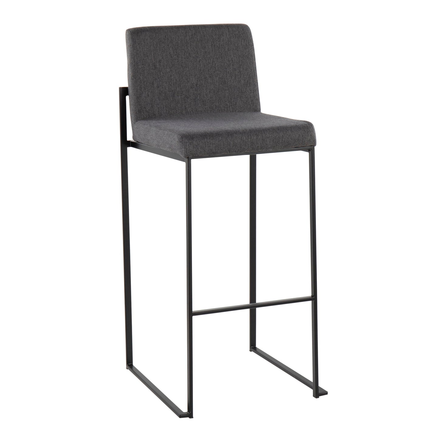 The Fuji Contemporary High Back Barstool features a dark gray upholstered seat and backrest, slim black metal legs, and an elegant minimalist design.
