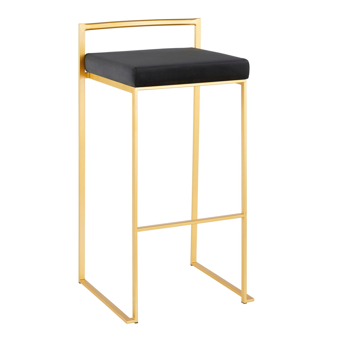 The Fuji Barstool features a slim gold metal frame, low rectangular backrest, black cushioned seat, blending contemporary glam style with quality construction.