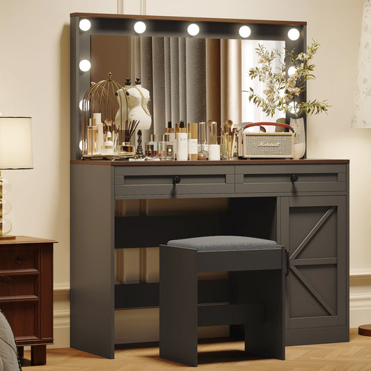 The Makeup Vanity Table features a large mirror with 11 adjustable LED lights, three drawers, and comes with a cushioned stool—perfect as a stylish dressing table for women. Lamp, radio, floral vase, and decorative birdcage complete the setup.