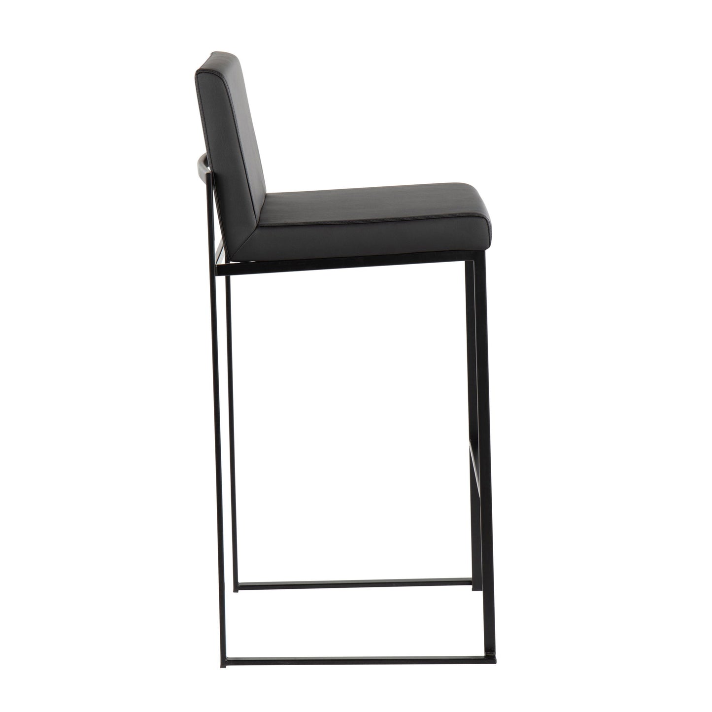 Side view of the Fuji - Contemporary High Back Barstool, featuring an elegant design with a padded black seat and backrest, minimalist metal frame, and slim legs.
