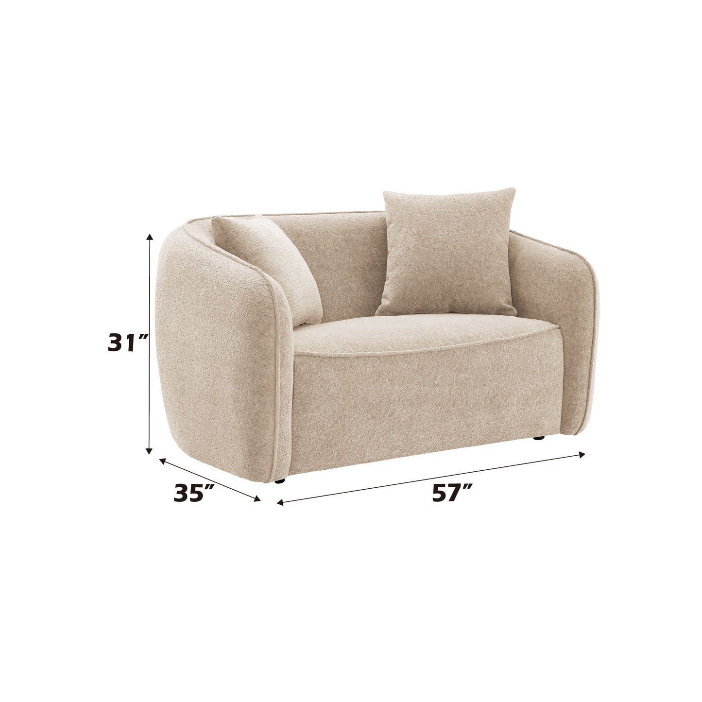 The Keith Chenille Loveseat includes 2 matching color toss pillows, features curved arms, a back cushion, and measures 31" H x 35" D x 57" W. It is displayed on a white background.