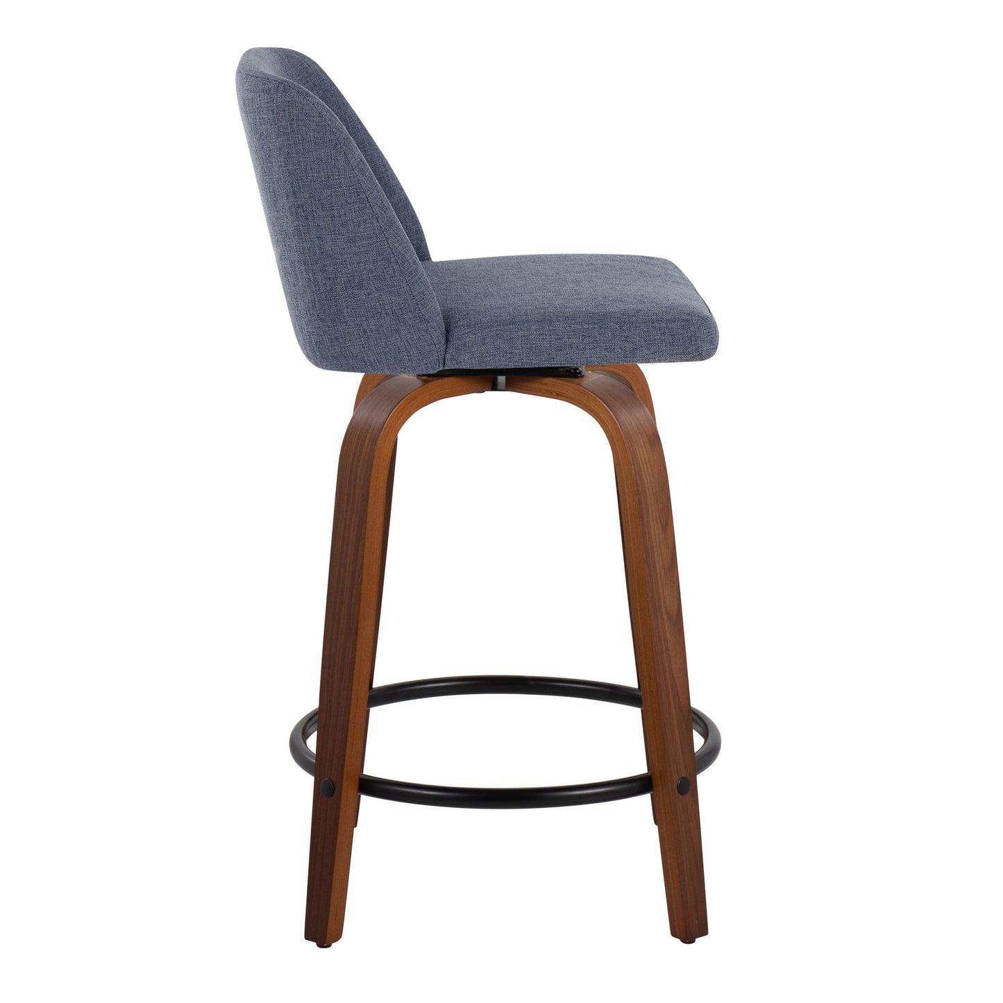 The Toriano set of two mid-century modern counter stools features a blue upholstered seat and backrest, medium wooden legs, and a black circular footrest in a clean, minimalistic design.