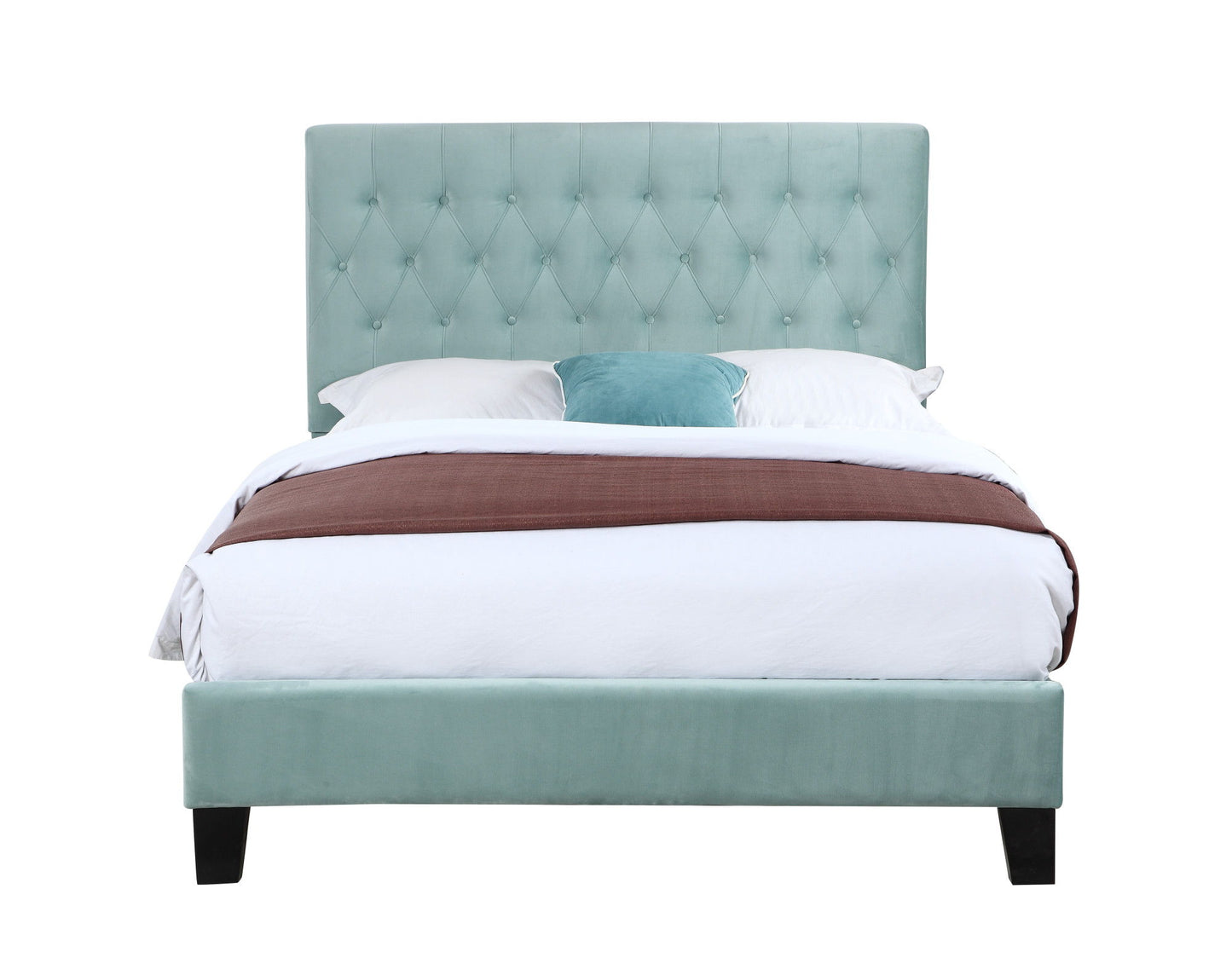 The Luma Upholstered Bed in mint green features a tufted headboard, white bedding with a brown blanket, two white pillows, and a small teal pillow, viewed from the front against a white background.
