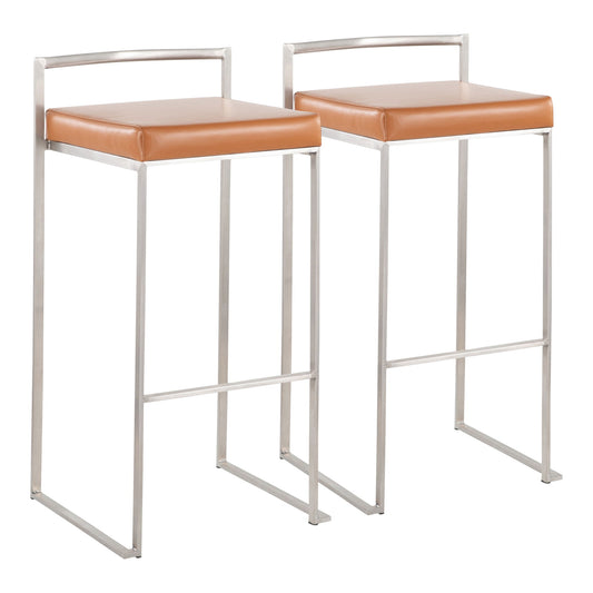 Two Fuji Contemporary Stackable Barstools with metal frames and tan leather square seats, featuring minimalistic backrests and footrests, are shown side by side against a white background.