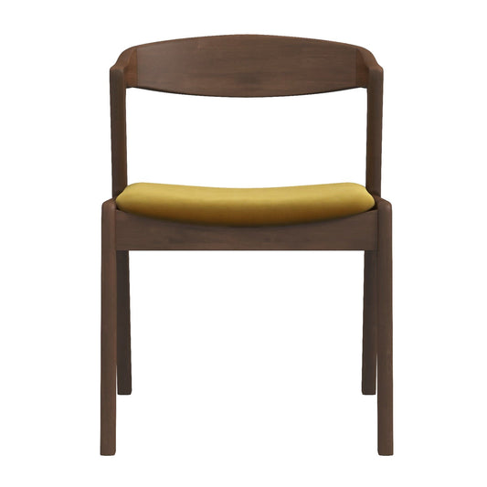 The Dakota - Mid-Century Modern Velvet Dining Chair (Set of 2) features a simple, modern wooden frame with a curved backrest, straight legs, and mustard yellow velvet cushioned seat. Shown from the front on a white background.