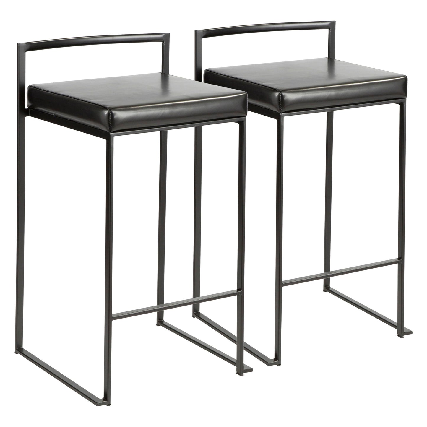 The Fuji - Contemporary Style Stackable Counter Stool features a modern black design with square padded seat, metal frame, low rectangular backrest, minimalist straight lines, and no armrests.