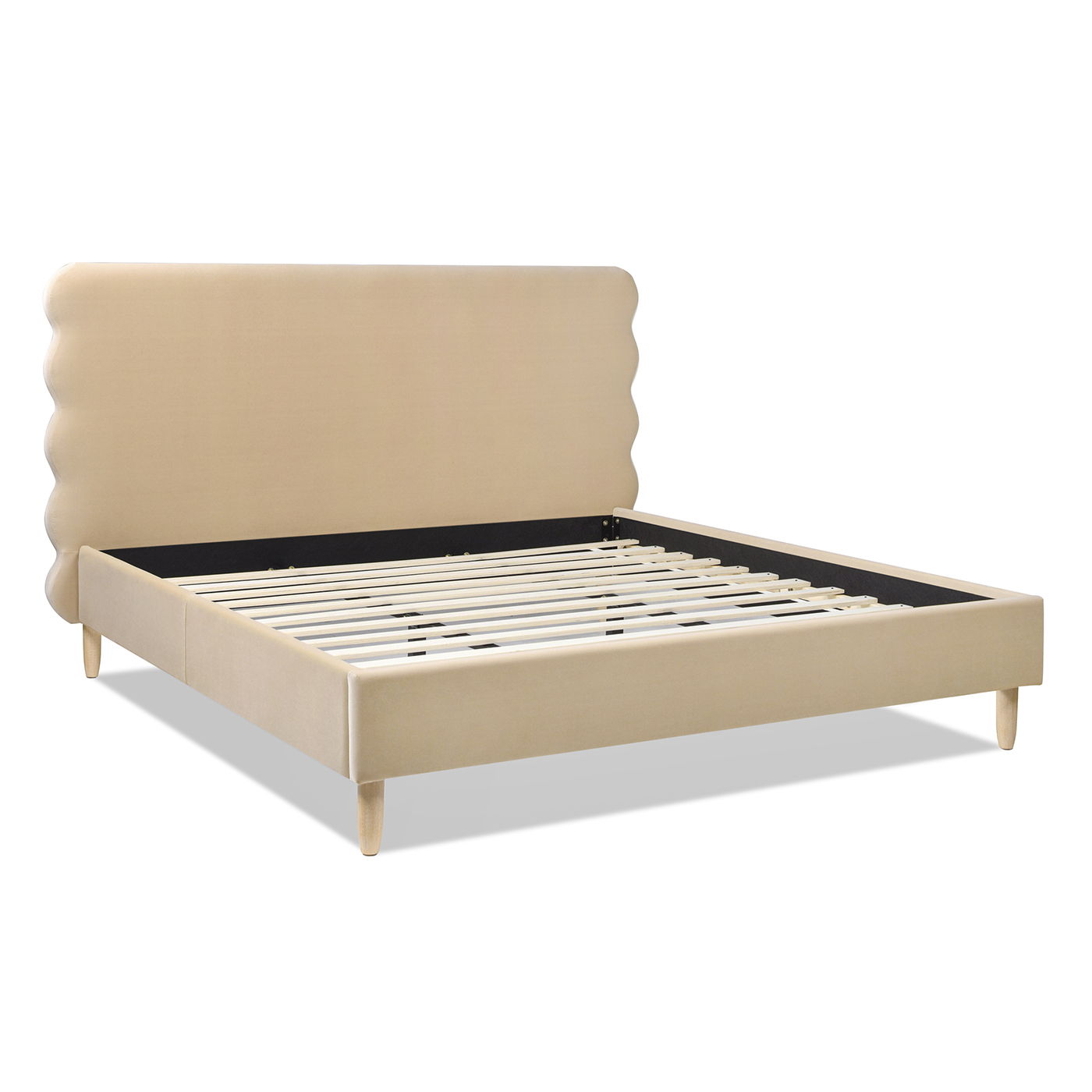 The Stockholm - Modern Wavy Headboard Platform Bed features a beige upholstered frame with a scalloped, wavy headboard, wooden slats, and simple tapered legs, shown against a white background.
