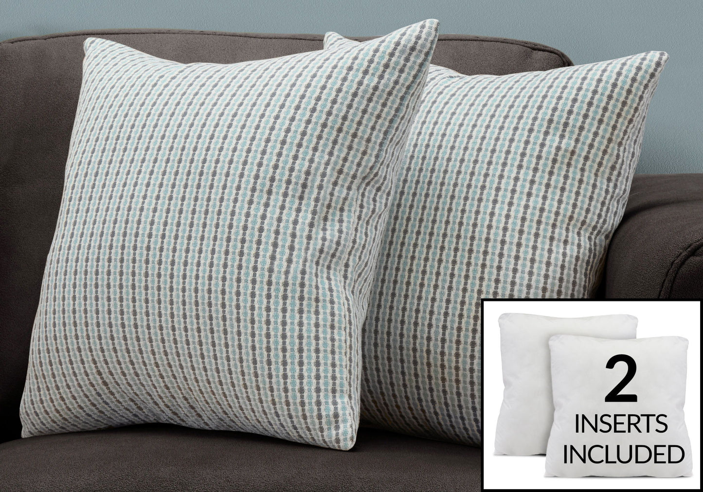 Two white and gray patterned decorative throw pillows with hypoallergenic inserts are displayed on a dark sofa. Inset shows two plain white square pillow inserts with the text "Insert Included.