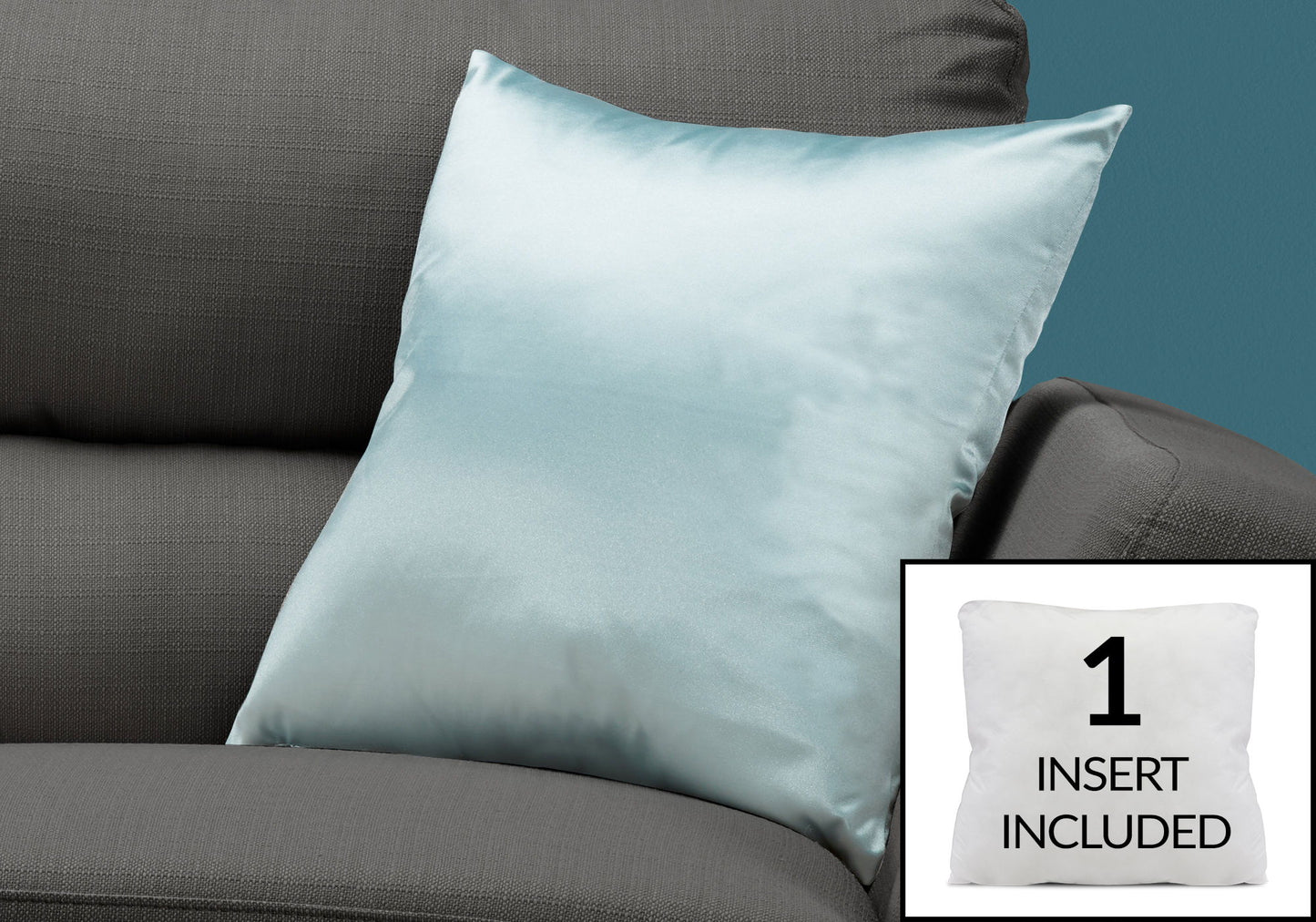 A light blue satin decorative throw pillow rests on a gray couch. In the corner, an inset image displays the hypoallergenic square pillow insert that is included.