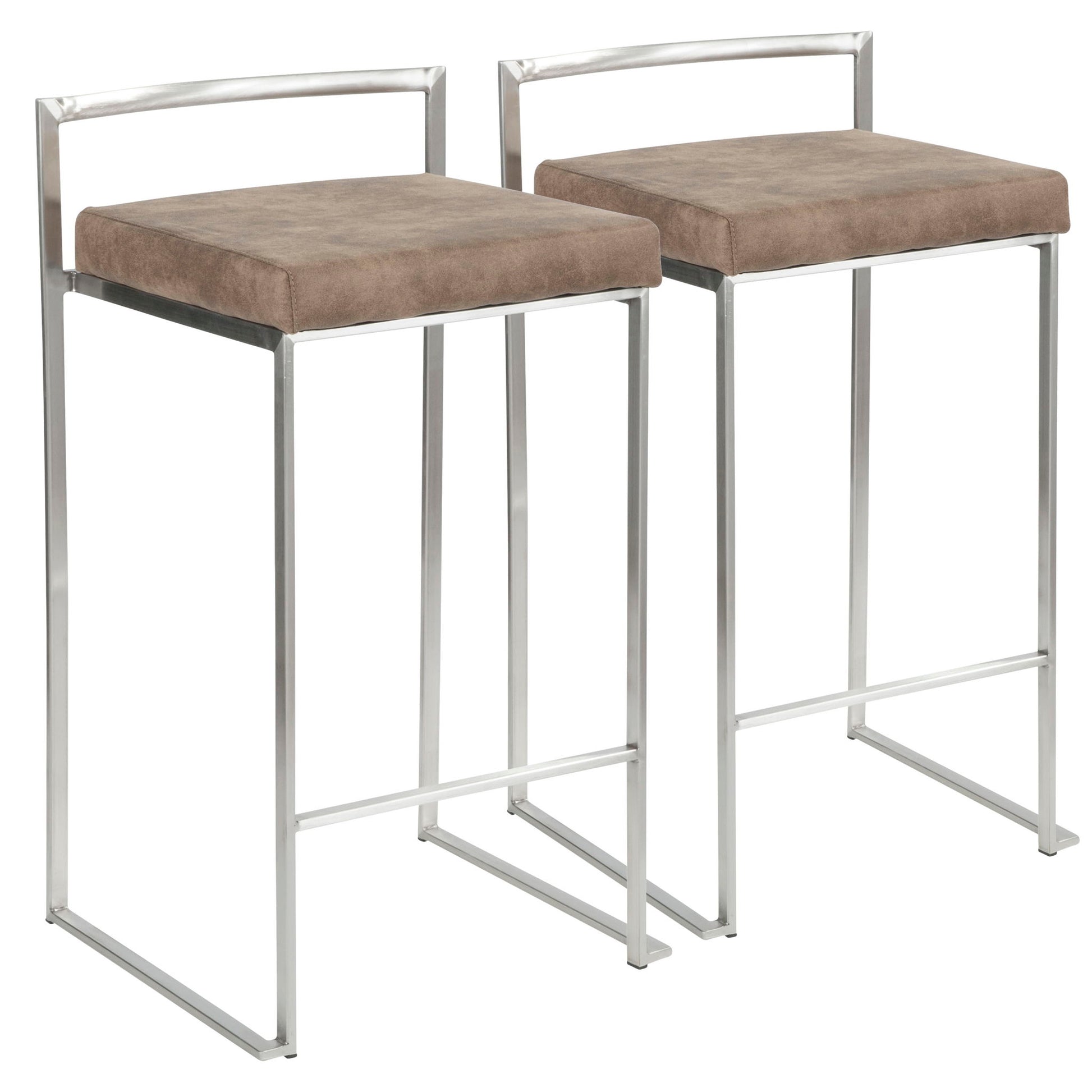 The Fuji - Contemporary Elegant Stackable Counter Stool Set features two modern bar stools with metal frames, rectangular brown cushioned seats, a minimalist design, and open square legs.