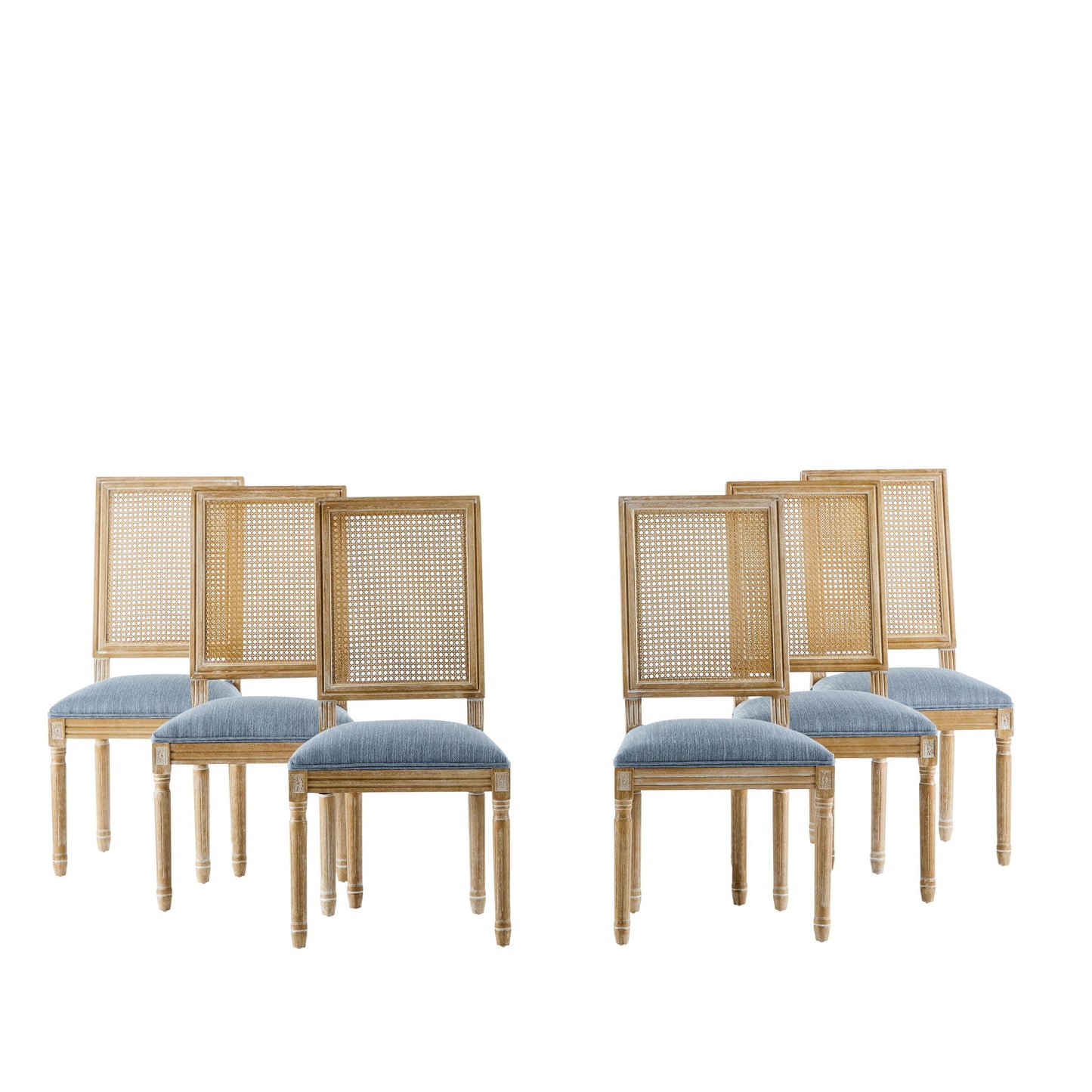 Six French Country Dining Chairs with rectangular cane backrests and light blue smooth upholstered seats are arranged in two groups against a white background.