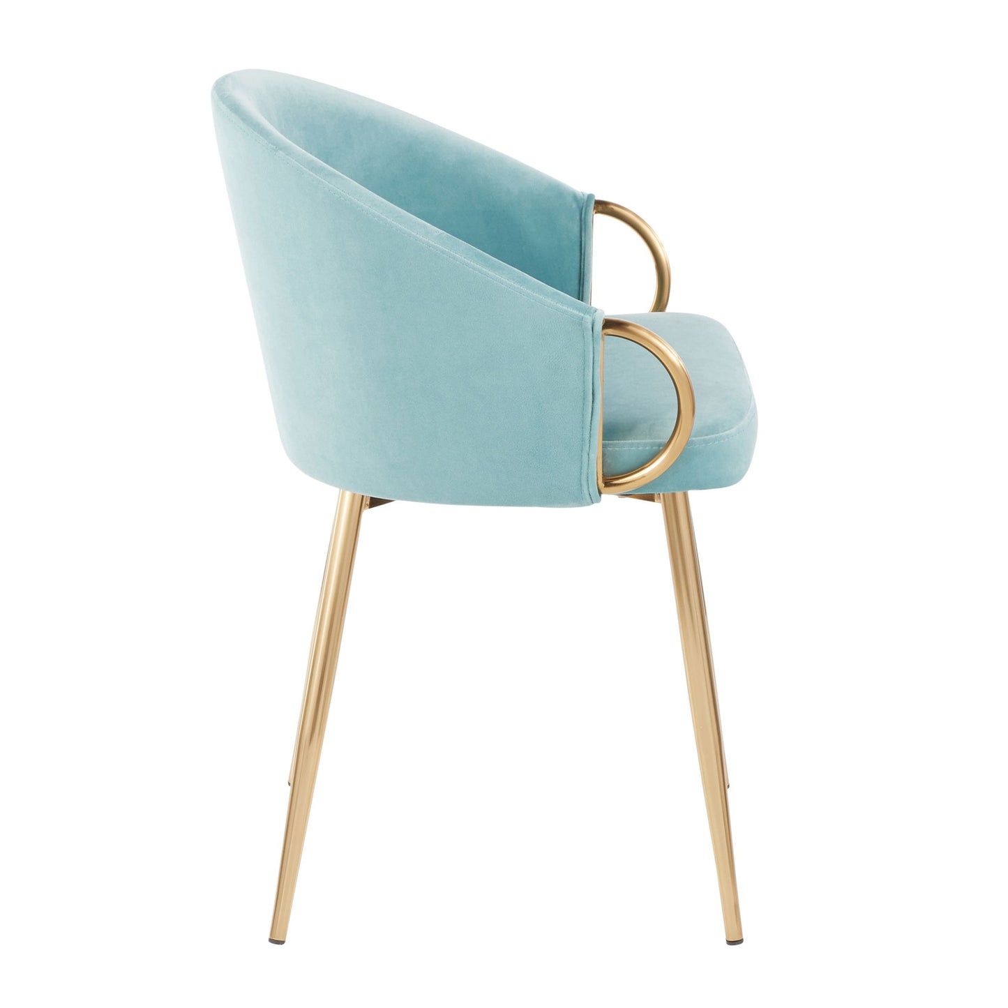 Side view of the Claire - Contemporary Glam Chair featuring light blue upholstery, gold metal legs, and circular gold armrests.