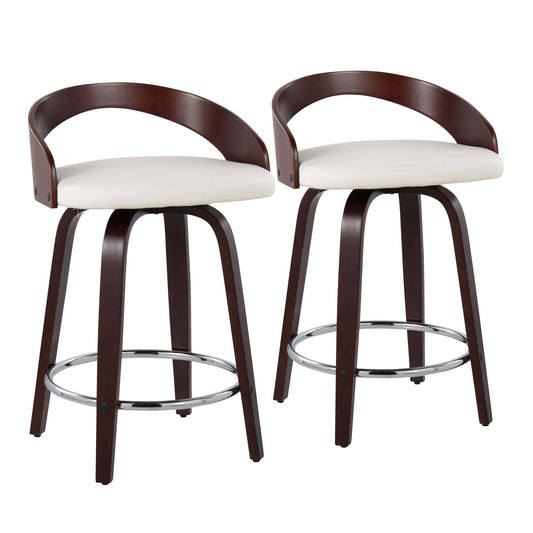 Set of 2 Grotto Contemporary Fixed Height Counter Stools feature dark wood frames, curved open backs, white upholstered seats, and round chrome footrests. Swivel design adds a modern touch to your kitchen or bar area.