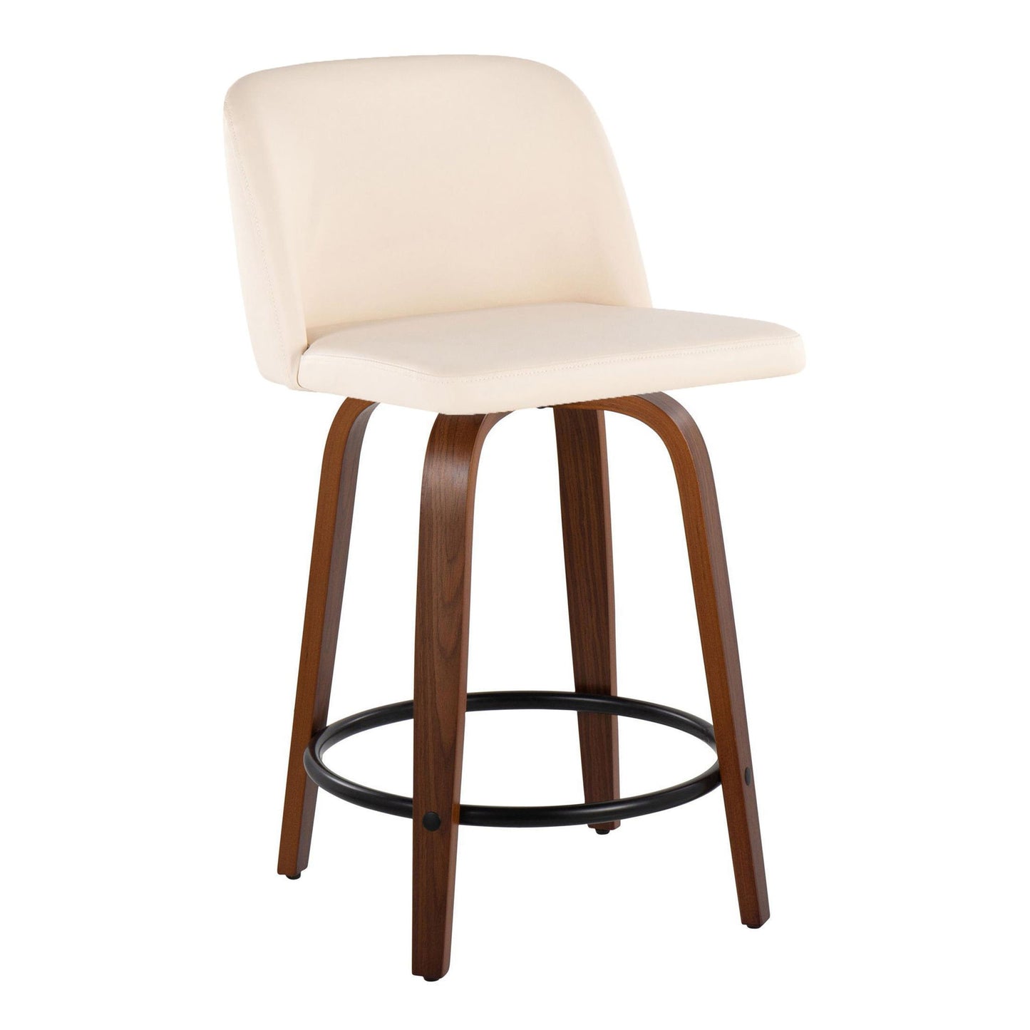 The Toriano set includes two mid-century modern counter stools with cream cushioned seats and backs, curved wooden legs, fixed height, swivel function, and a black metal round footrest.