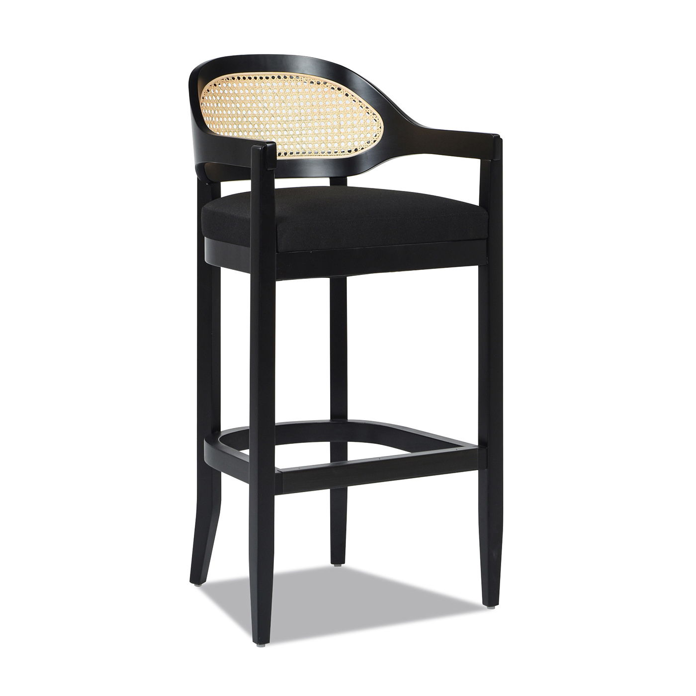 The Americana Mid-Century Modern Cane Back Counter Stool features black wooden legs and frame, a black cushioned seat, and a curved backrest with woven rattan detailing.