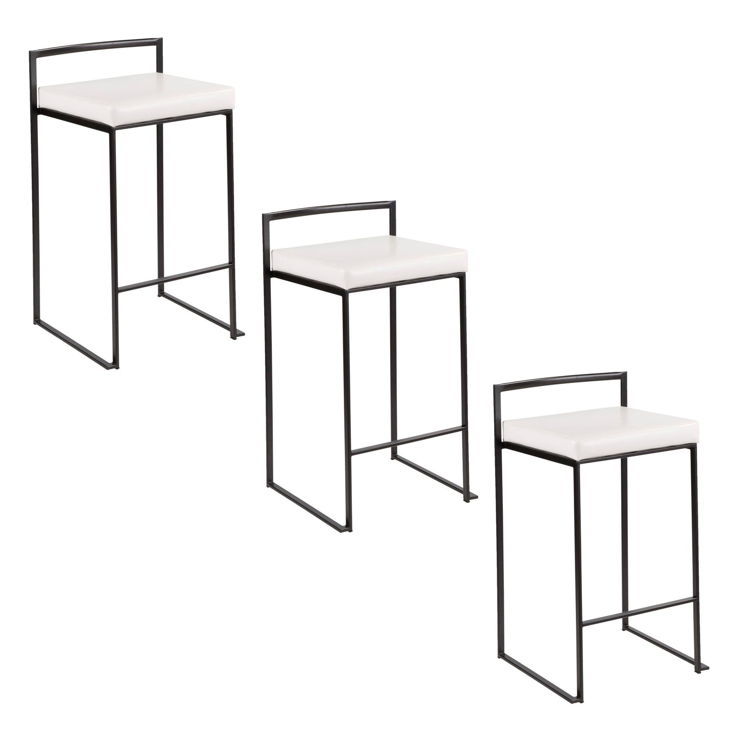 Three Fuji Contemporary Style Stackable Counter Stools with white square seats, black metal frames, and minimalist backrests are arranged diagonally on a white background.