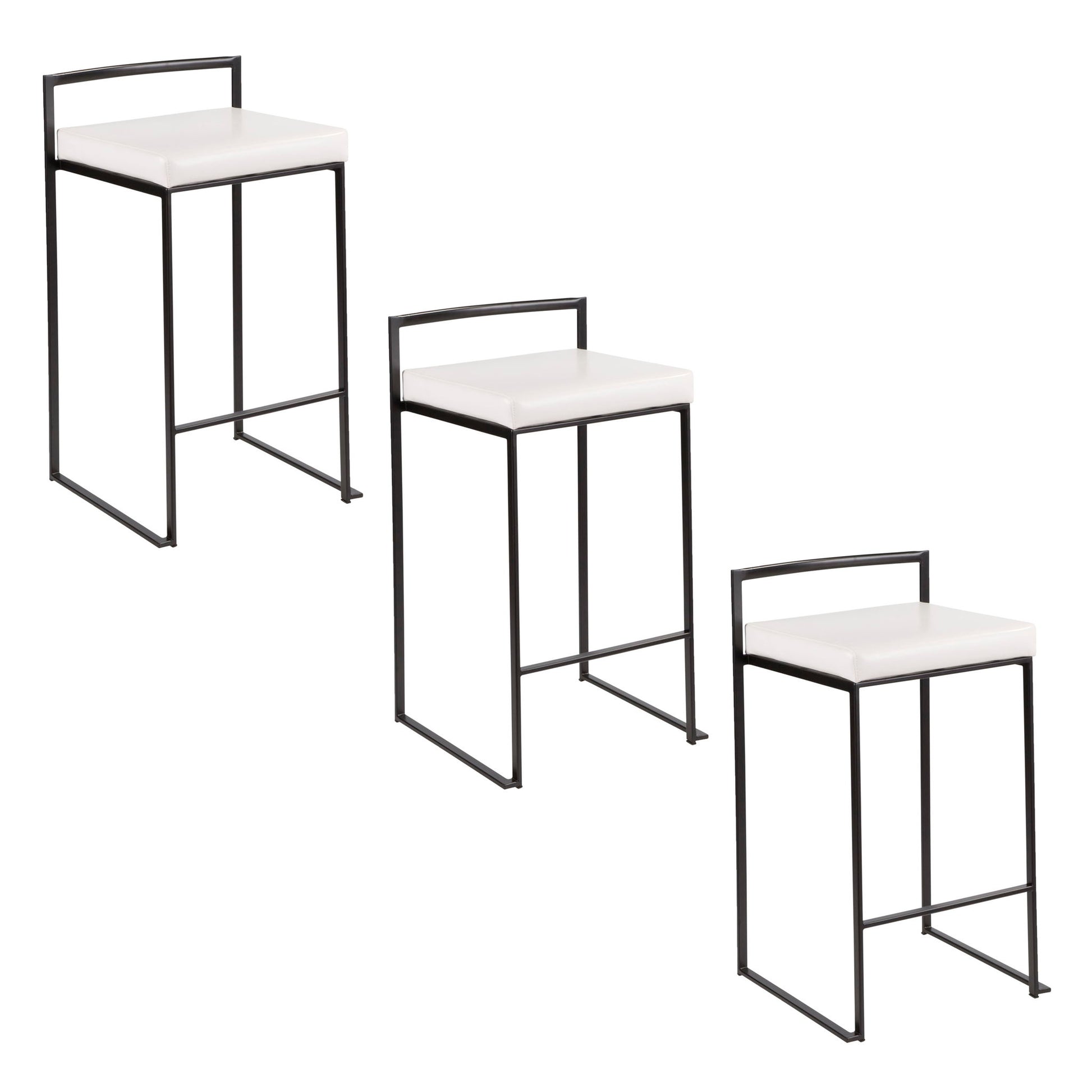 Three Fuji Contemporary Style Stackable Counter Stools with white square seats, black metal frames, and minimalist backrests are arranged diagonally on a white background.