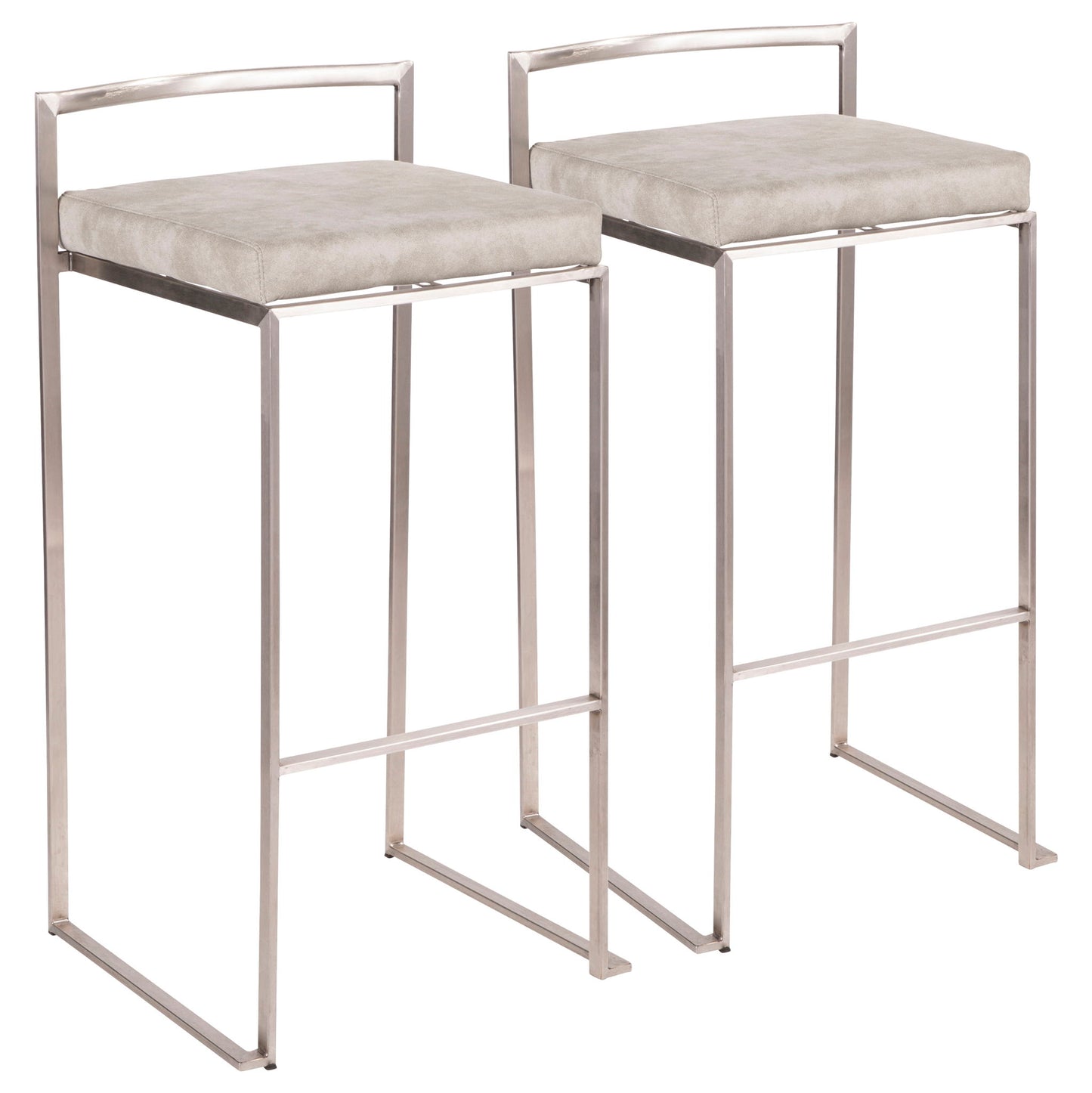 Two Fuji stackable barstools with silver metal frames, low square backs, and light gray cushioned seats are arranged side by side on a white background.