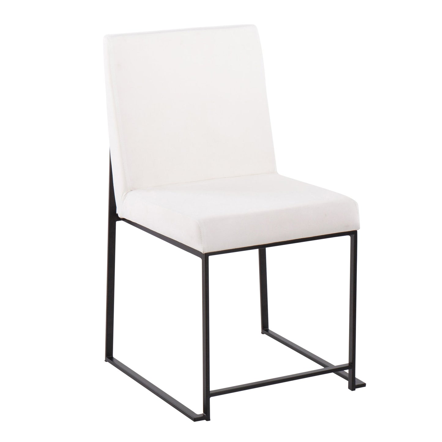 The Fuji High Back Dining Chair (Set of 2) boasts contemporary elegance with a white cushioned seat and backrest, plus a minimalist black metal frame and straight legs.
