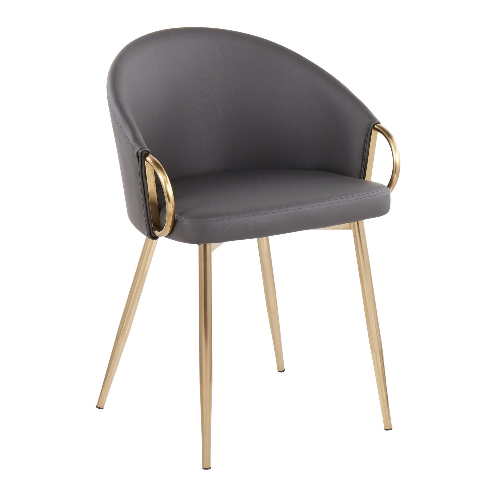 The Claire - Contemporary Glam Chair features a curved, dark gray upholstered seat and backrest with gold-colored metal legs and matching gold armrests.