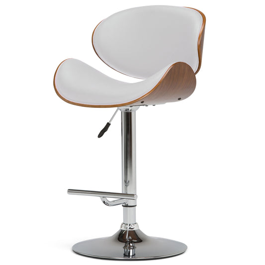 The Marana Multifunctional Handcrafted Bentwood Adjustable Swivel Bar Stool features a curved wooden backrest, white cushioned seat, chrome stem with footrest and circular base, plus an adjustable height lever.