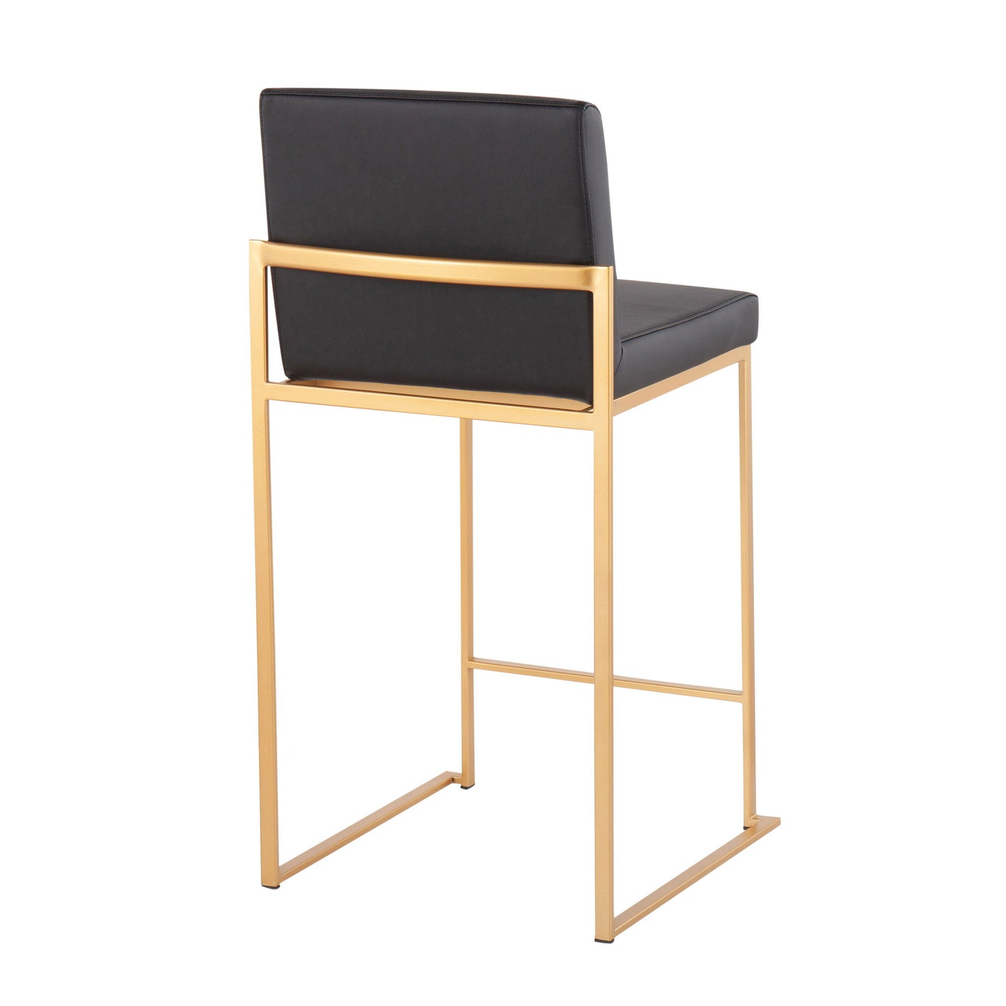 The Fuji - Contemporary High Back Stylish Counter Stool features a gold metal frame and black cushioned seat and backrest, shown from an angled rear-side view.