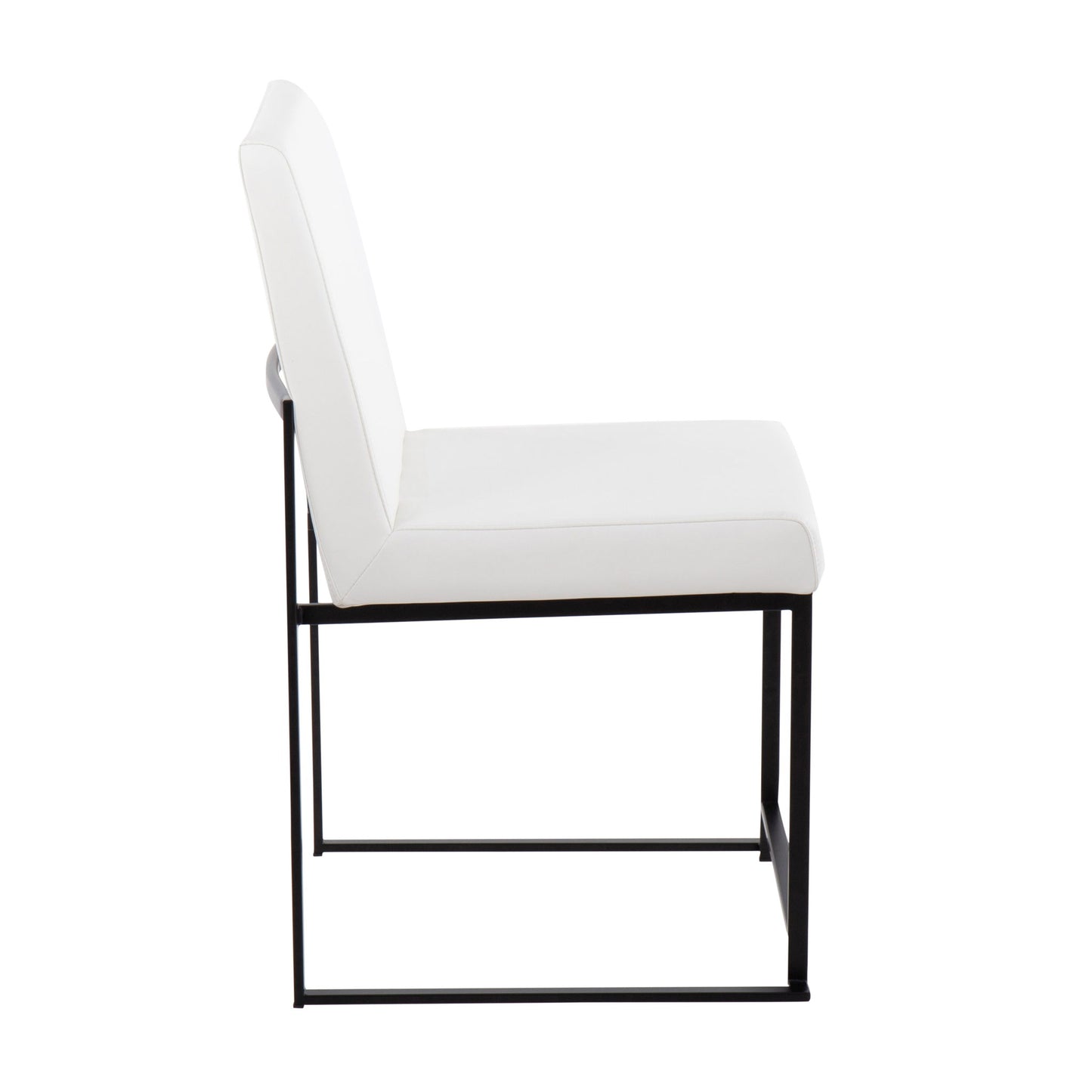 Side view of the Fuji High Back Dining Chair, featuring a white cushioned seat and backrest with a sleek black metal frame; contemporary modern elegance in a set of 2.
