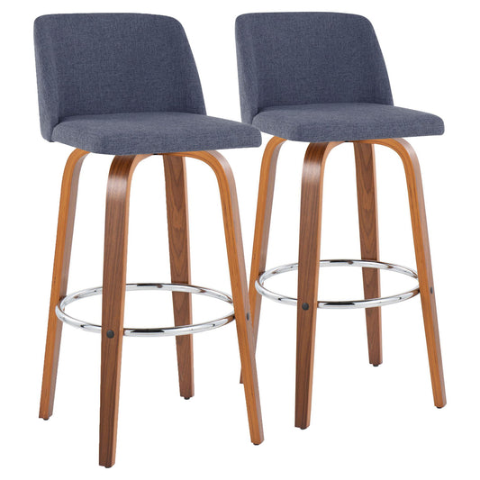 The Toriano barstool set features two mid-century modern stools with curved wooden legs, round chrome footrests, and dark gray upholstered seats and backs, shown side by side against a white background.