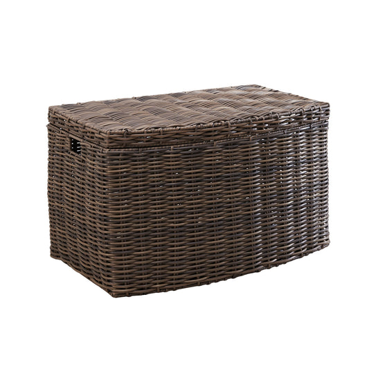 The Joseph Rectangular Curve Resin Woven Wicker Trunk in walnut brown features side handles and a fitted lid, offering multi-purpose storage in a stylish design, displayed against a white background.