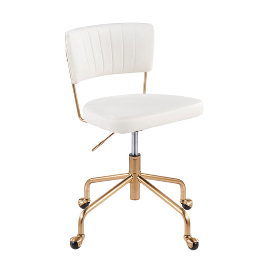 The Tania - Contemporary Task Chair features a white cushioned seat and backrest, gold metal frame, adjustable height lever, and five gold legs with black caster wheels.