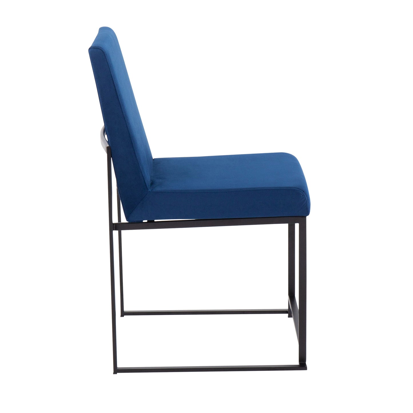 Side view of the Fuji - Contemporary Modern Elegance With High Back Dining Chair (Set of 2), featuring a blue cushioned seat and backrest on a minimalist black metal frame.