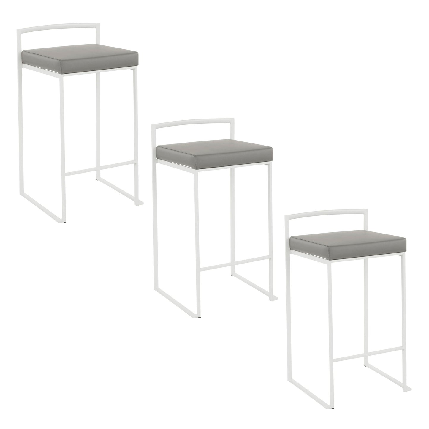 Three Fuji Simple Elegance Contemporary Stackable Counter Stools, with white metal frames and light gray cushioned seats, are arranged in a staggered formation against a white background.