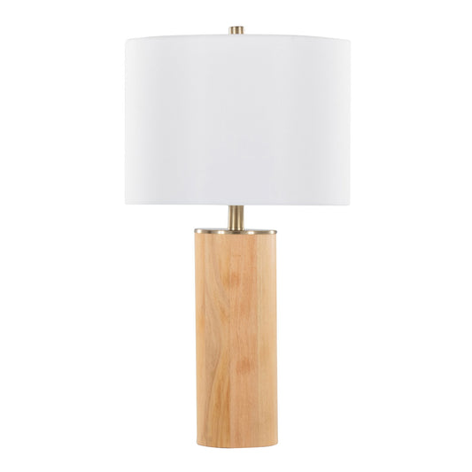 The Cylinder - Ash Contemporary Table Lamp features a cylindrical ash wood base, antique brass accents, and a large white drum shade for a simple, modern look.