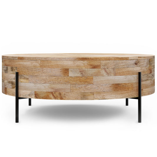 The Rayburn Drum Coffee Table in natural wood features a round design with a light finish and four slim black metal legs, displayed against a white background.