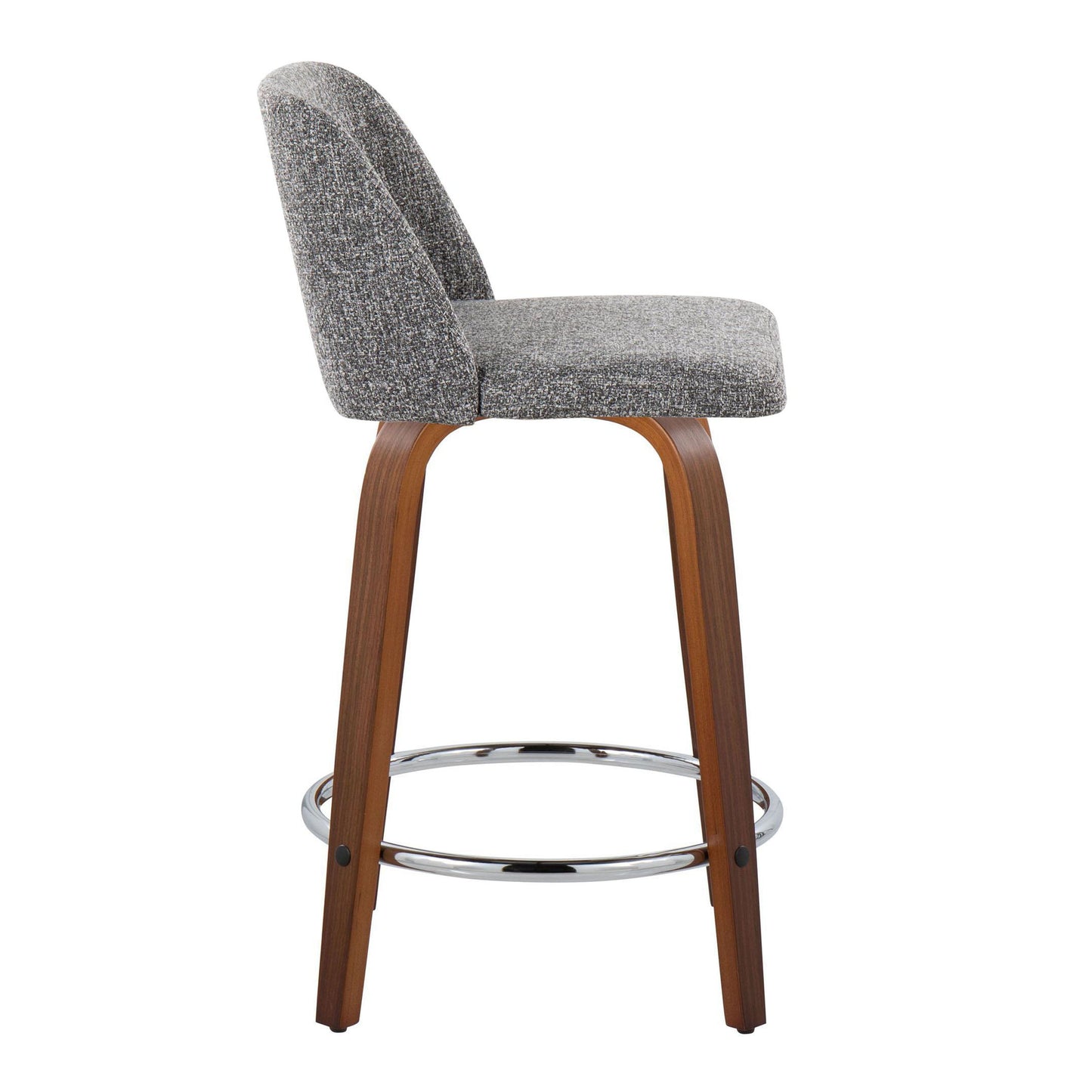 The Toriano counter stool, sold in a set of two, features a modern design with a curved gray fabric seat and backrest. Its wooden frame has slightly angled legs and is complemented by a circular chrome footrest. Side view available.
