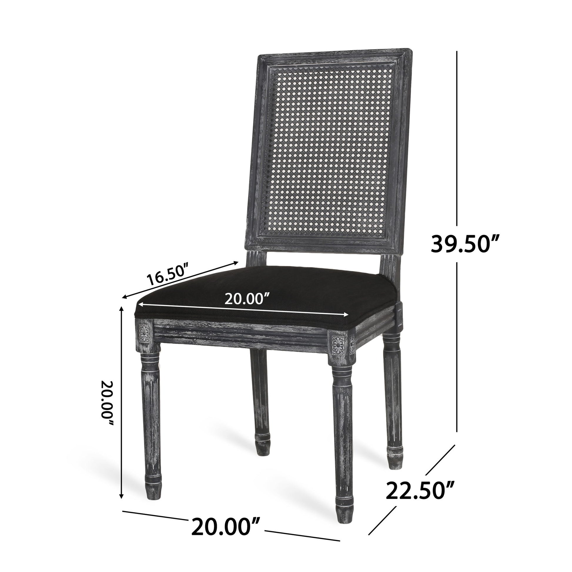 The French Country Dining Chair features a rectangular cane backrest, smooth upholstered seat, and black wooden frame. Dimensions: 39.5" height, 20" seat width/depth, 16.5" backrest depth, and 22.5" seat height.