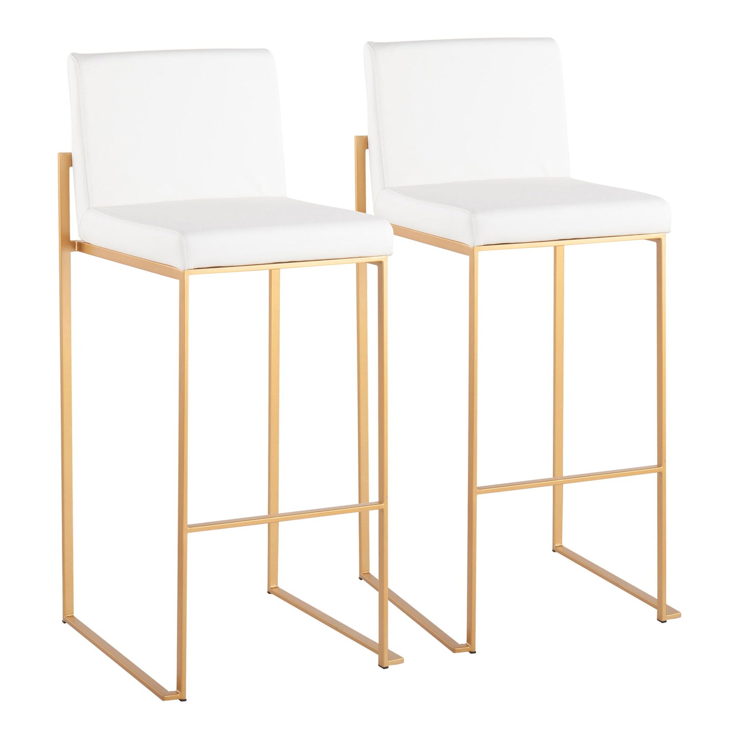 The Fuji Contemporary Design High Back Barstool (Set of 2) features minimalist, modern style with white cushioned seats and backs, sleek gold metal frames, and integrated footrests for comfort and elegance.