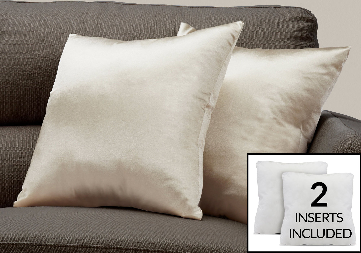 Two light cream-colored decorative throw pillows, square and hypoallergenic, on a brown couch. Inset shows two inserts included.