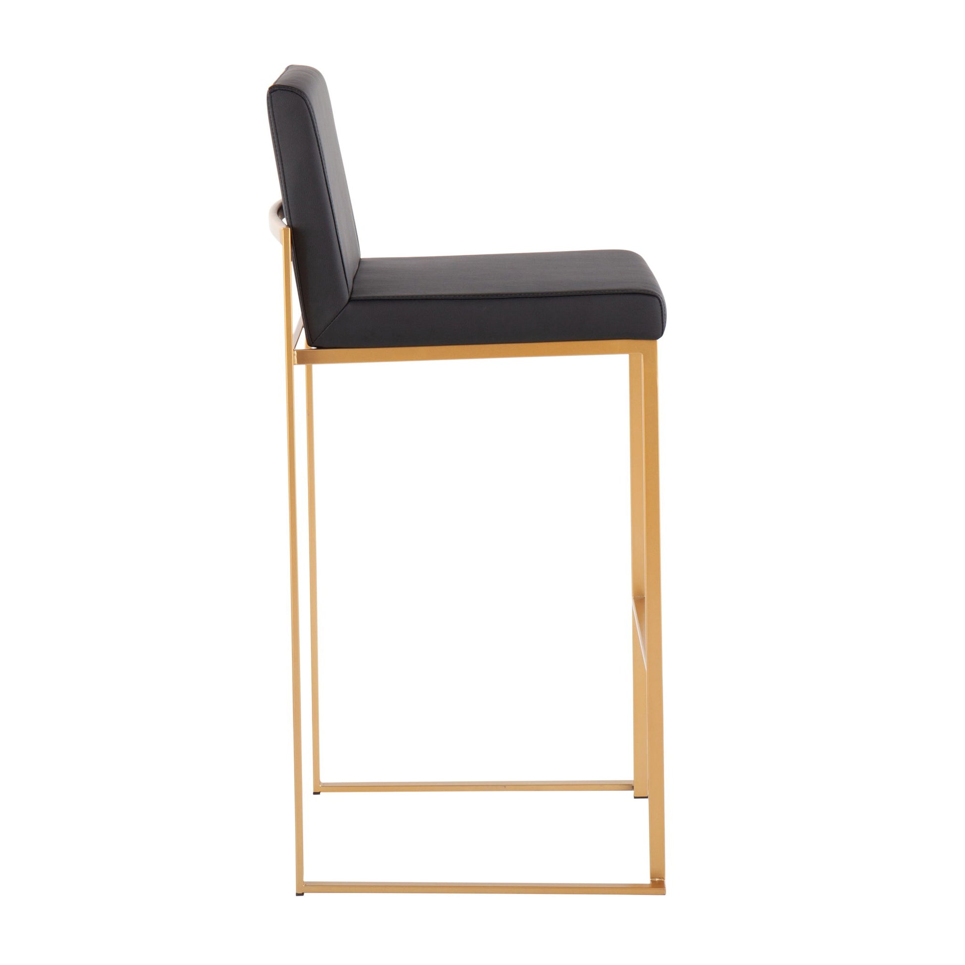 The Fuji - Contemporary Design High Back Barstool (Set of 2) features a black cushioned seat and backrest with a sleek gold metal frame, displayed in side view against a plain white background.