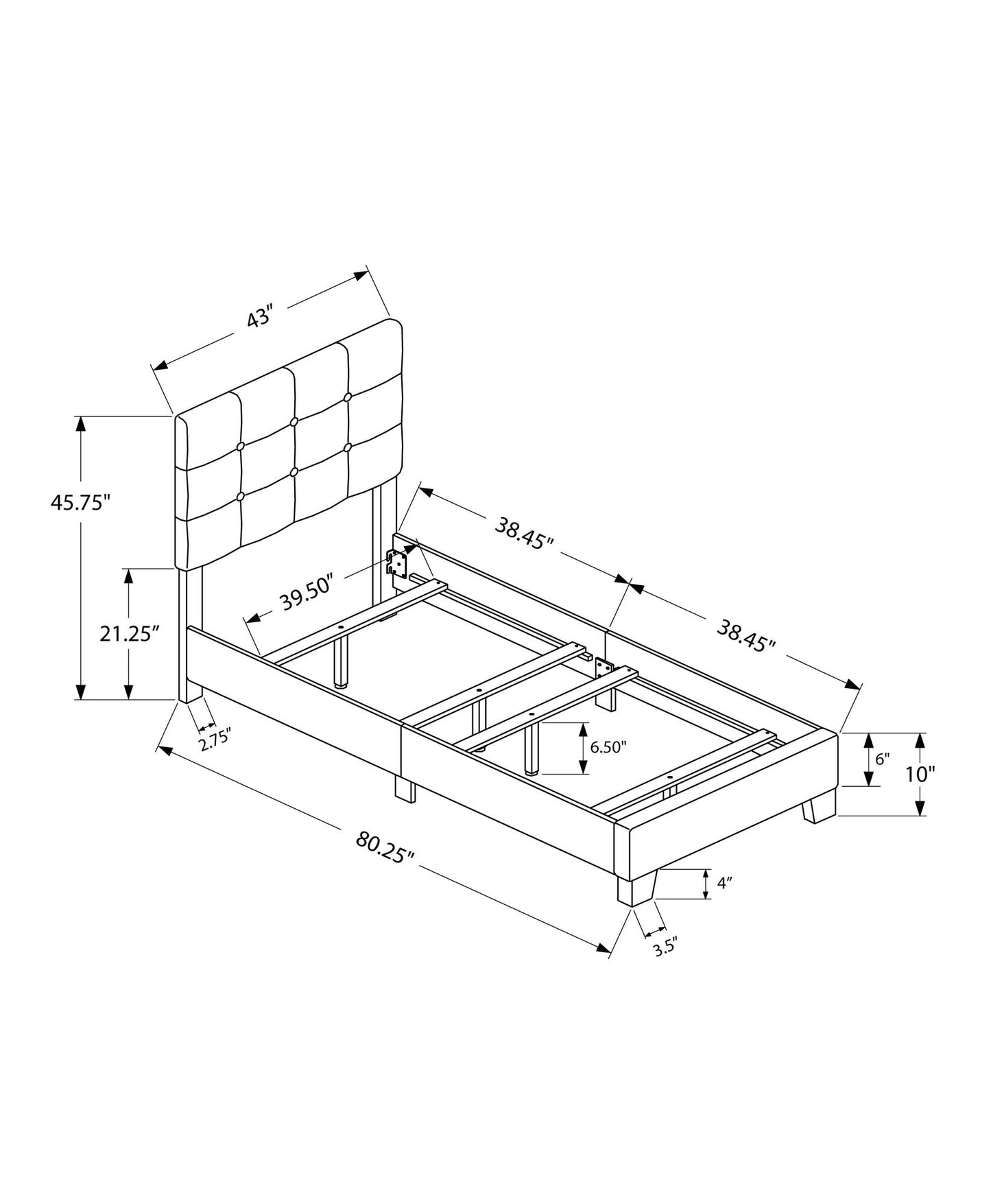 Black and white diagram of the Bed, Upholstered, Frame Only, Transitional showing detailed measurements for width, length, headboard height, leg height, and spacing between slats and supports.