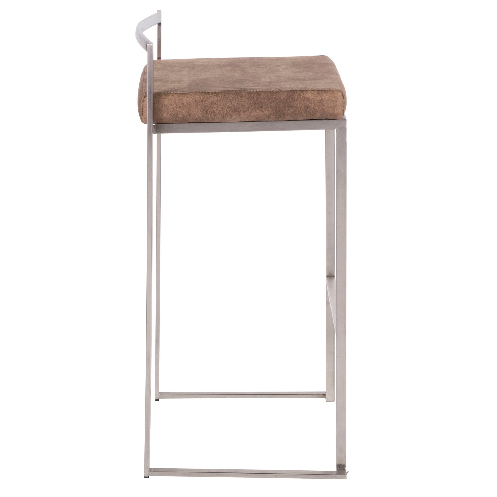 Side view of the Fuji Barstool, featuring a square brown cushioned seat, metal legs, and a minimalistic metal backrest. This stackable stool showcases a contemporary and elegant design.