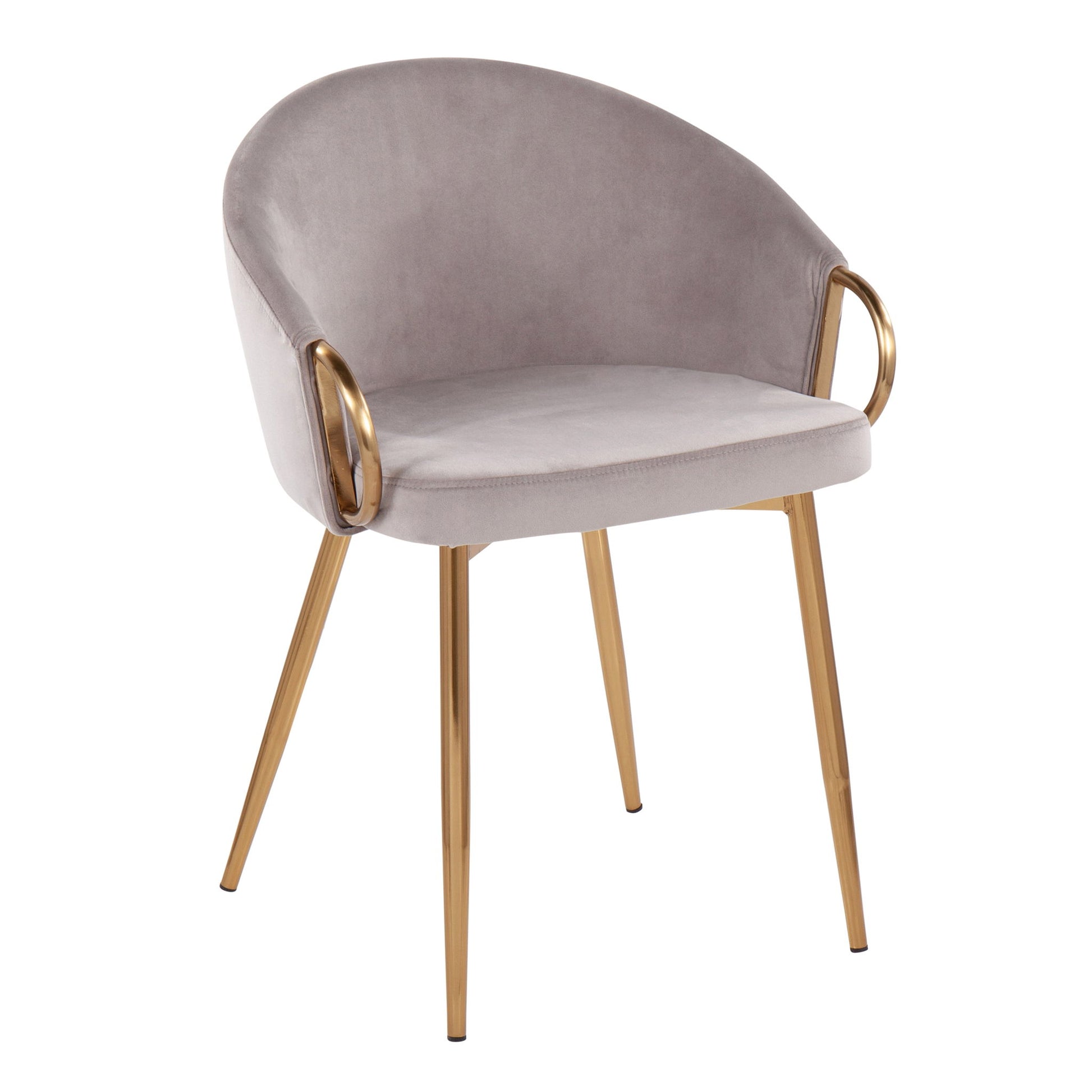The Claire - Contemporary Glam Chair features a curved light gray upholstered seat with gold metal armrests and four outward-angled gold metal legs.