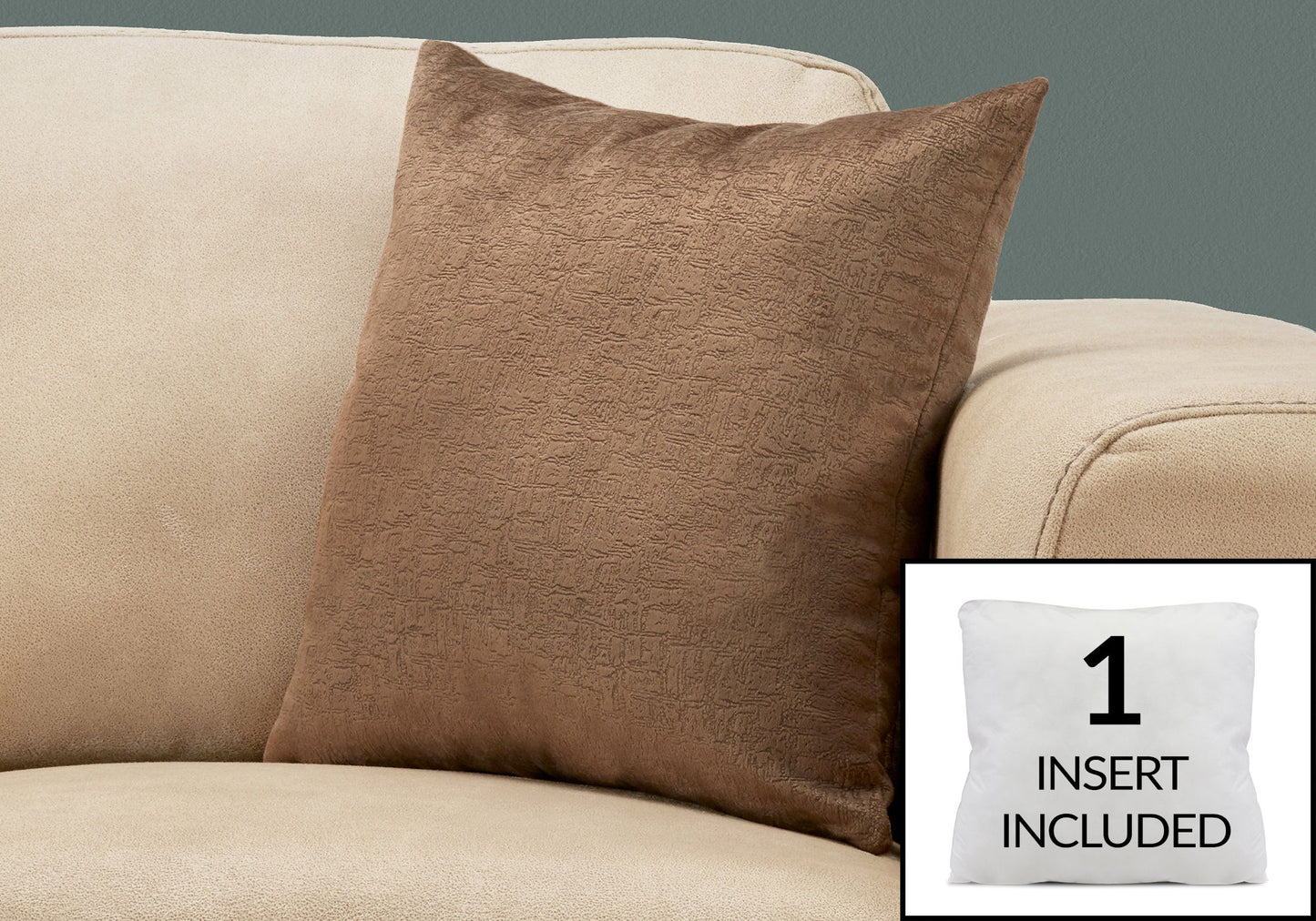 A brown textured decorative throw pillow sits on a beige couch. An inset shows the included white hypoallergenic square pillow insert with the text "1 INSERT INCLUDED.