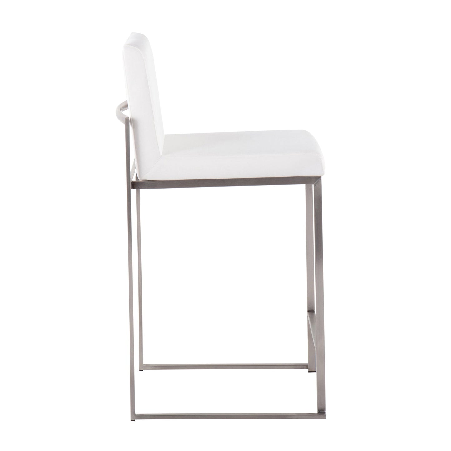 Side view of the Fuji - Contemporary High Back Counter Stool featuring a white upholstered seat and backrest on a sleek minimalist metal frame with a rectangular base, combining style and functional design.