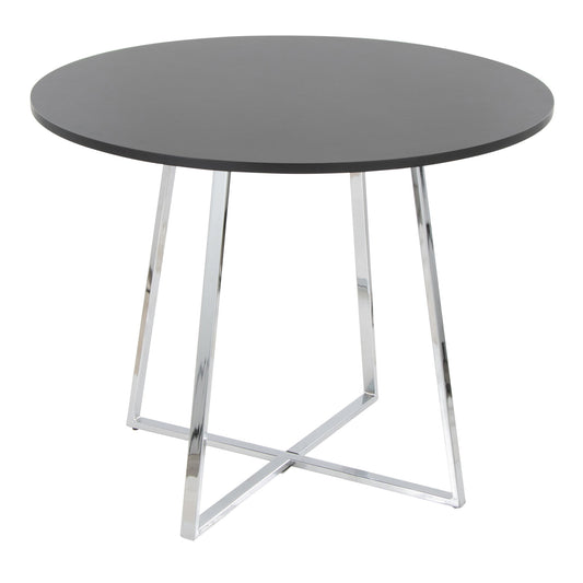 The Cosmo - Canary Contemporary Dining Table features a round, dark gray top and shiny silver metal legs in a crisscross design.